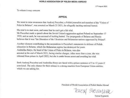 Apel Światowego Stowarzyszenia Mediów Polonijnych w sprawie uwięzionego na Białorusi dziennikarza Andrzeja Poczobuta.